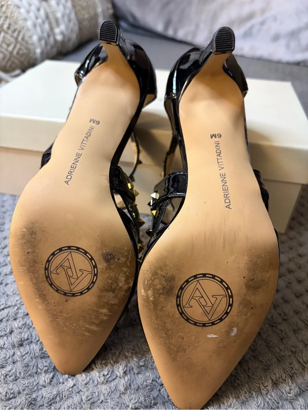 Adrienne Vittadini Black Patent Pointed-Toe Studded Strappy Heels size 6